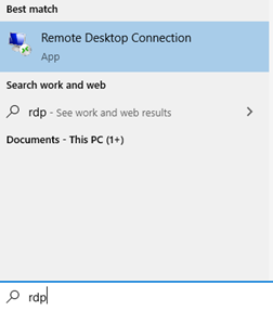 Rdp in Windows search window with Remote Desktop Connection as Best match.
