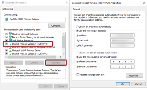 Internet Protocol Version 4 (TCP/IPv4) highlighted in the network interface Networking menu.